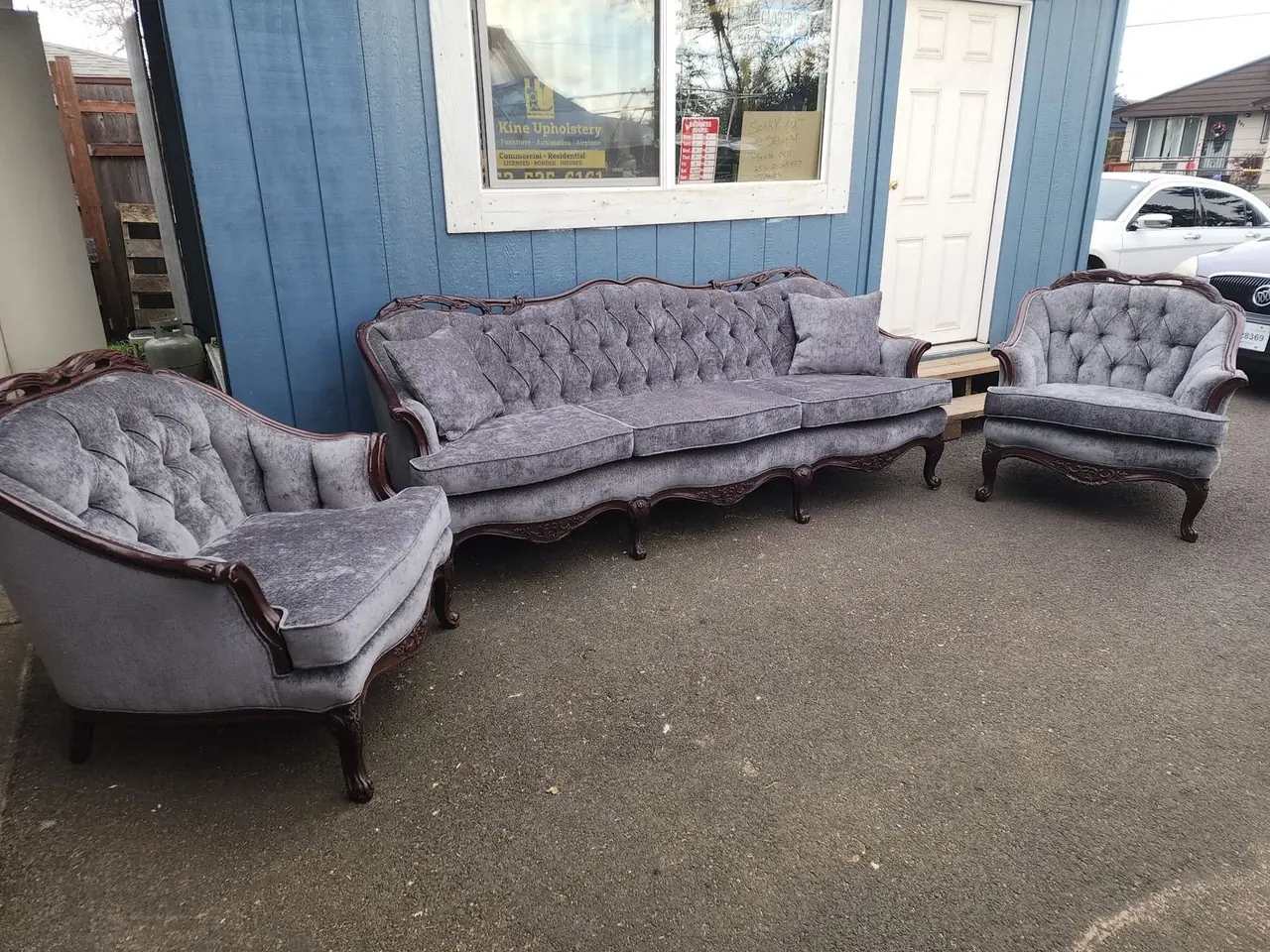 Antique sofa and armchair set after Da Kine Upholstery reupholstered it in gray chenille velvet
